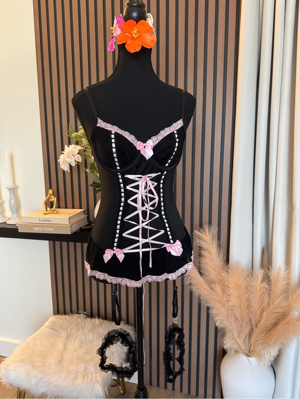Black & Pink Lace-Up Satin Bustier Chemise